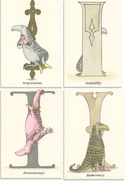 Edward Gorey Original Limited Edition Set of His Famous Hand-Painted Alphabet Postcards